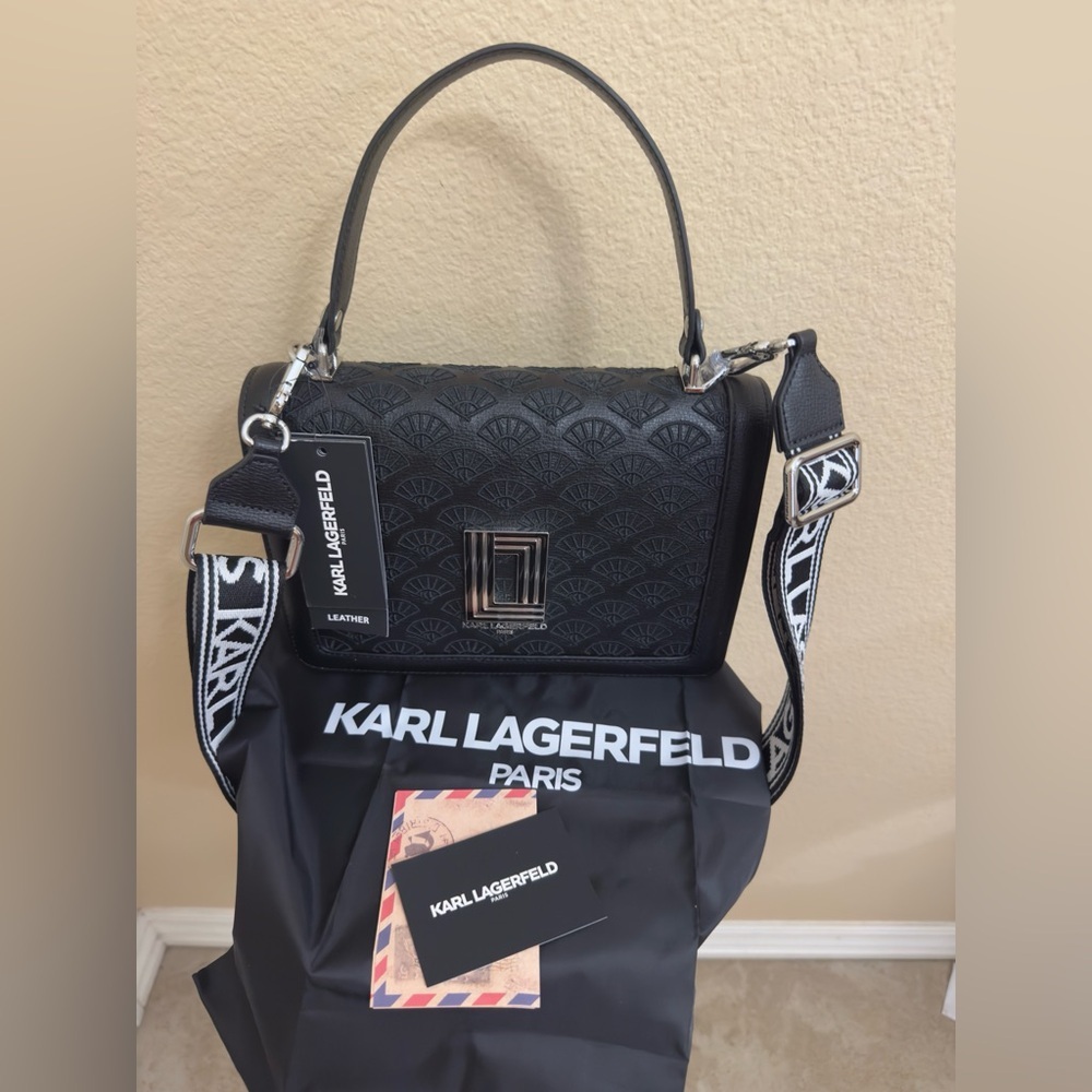 NWT KARL LAGERFELD Simone Black Genuine Leather Crossbody & top bag embroidered
